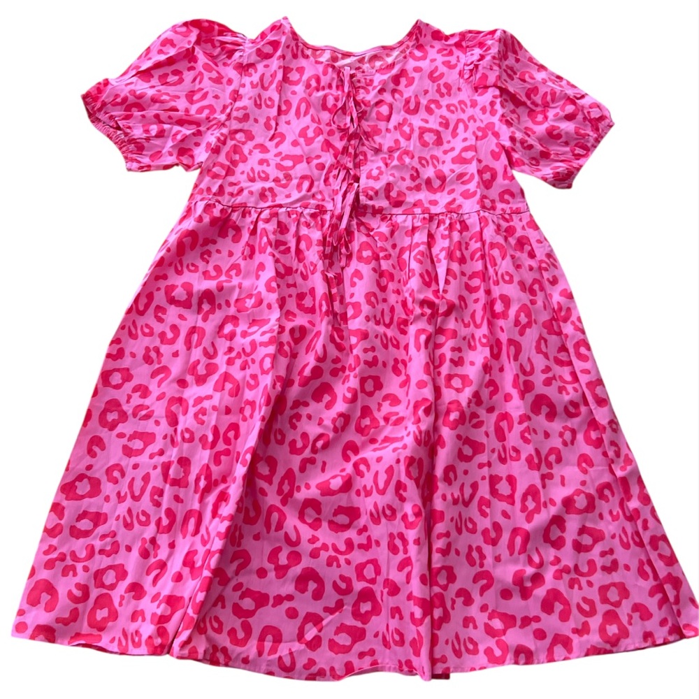 New Pink and Red Leopard Print Tie Front Dress